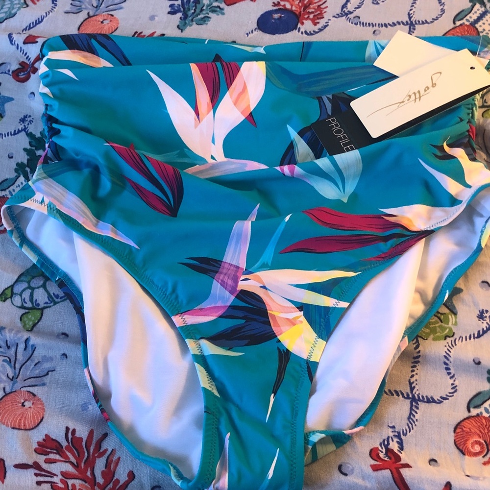 NWT Profile by Gottex Turquoise Floral High-Waist Swim Bottom - Size 14